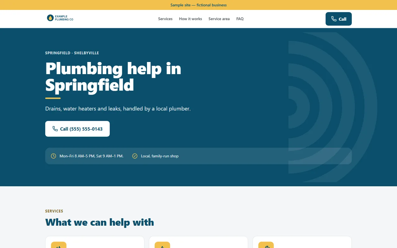Screenshot of the sample plumbing site's home page
